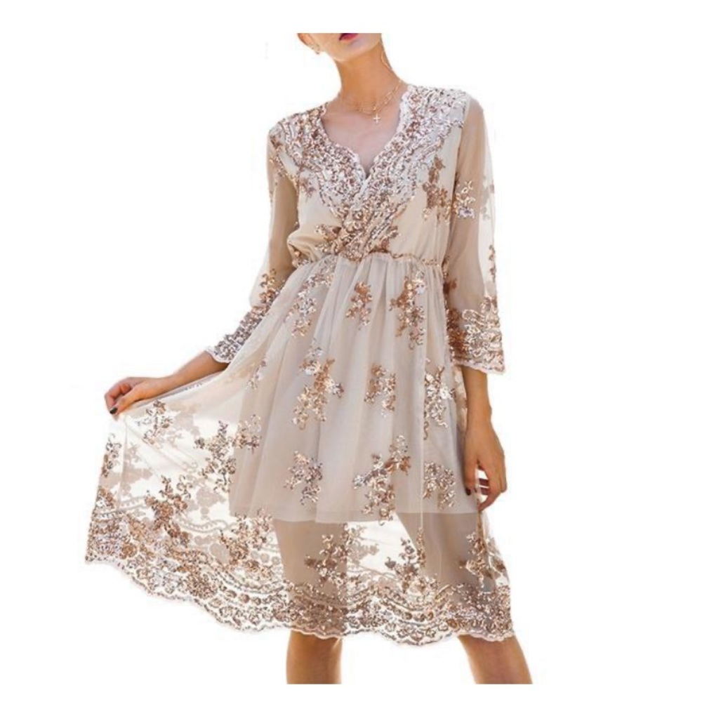 XL elegant vneck long sleeve sequin Chiffon Dress